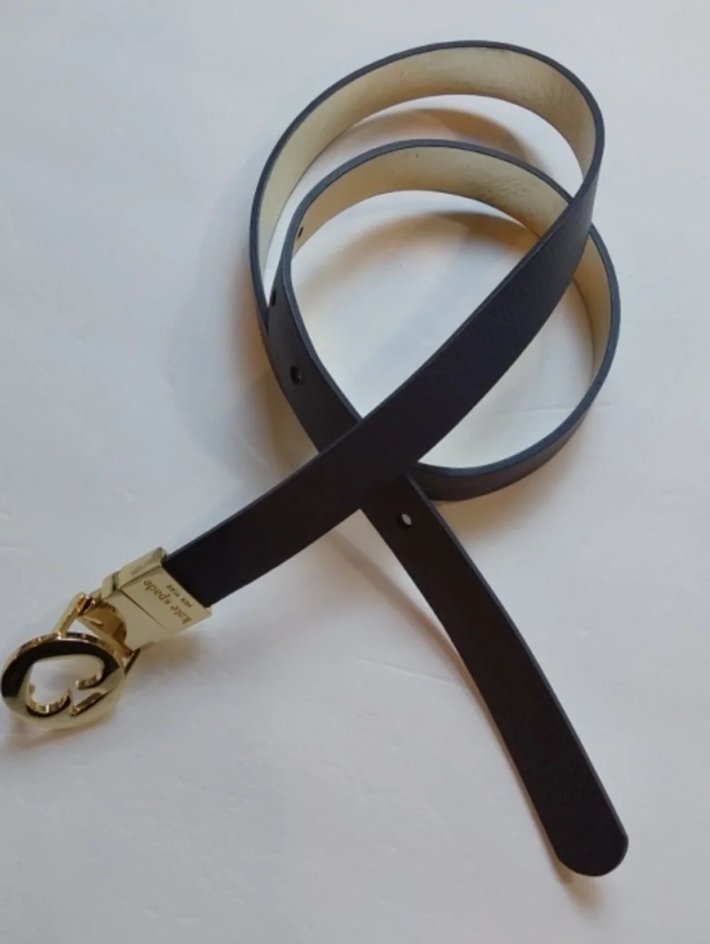 Kate Spade|Gold Metallic/Navy Reversible Women’s Thin Belt Gold Spade Buckle OS